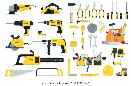 Conjunto de herramientas de energía y herramientas de mano en color amarillo y negro. Reparación de viviendas, mantenimiento, equipo de construcción y bricolaje. Publicidad en Internet, sitio web, carteles. Impresión, catálogos.