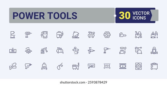 Set of Power Tools line icons. Contains such icons as angle, equipment, chaser, hacksaw, jackhammer, industry and more. Thin icon design. Minimalist editable vector stroke.