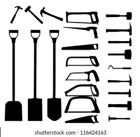 Set of power tools, shovel, drill, hammer. Vector icon