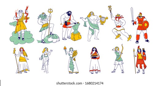 Set Of Powerful Ancient Greek Gods And Goddess. Zeus Poseidon Hephaestus, Vulcan Apollon Hermes Ares, Hera Athena Minerva Demeter Aphrodite Hestia, Mythology Dieties. Linear People Vector Illustration