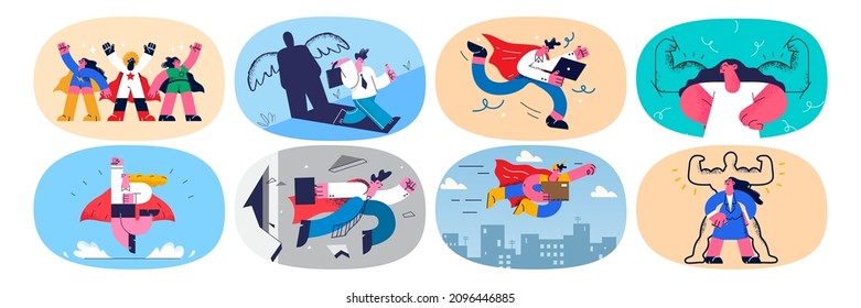 Set of powerful businesspeople as superheroes show leadership and power as worker in office. Collection of diverse employees as heroes strive for business goal achievement. Flat vector illustration. 