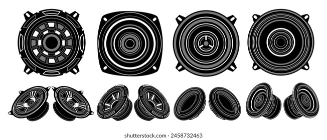 Establecer iconos de altavoces de coche potentes. sistema de sonido logotipo de audio. altavoces diseño Ilustración vectorial