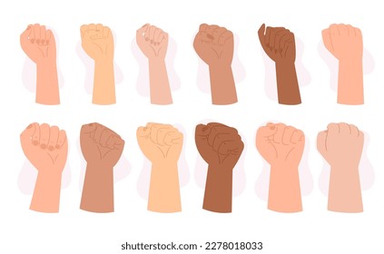 Set of Powerful Hand Gesture That Signifies Resistance, Rebellion Or Protest. Raised Human Fists of Diverse Skin Colors Express Sense Of Unity, Strength And Force. Cartoon Vector Illustration