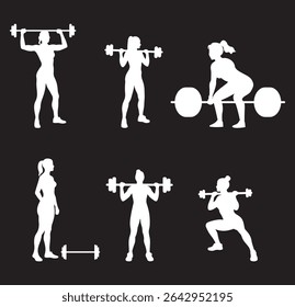 Set powerlifting athletes powerlifters White silhouette weightlifting silhouettes on Transparent Background. EPS 10.