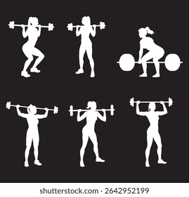 Set powerlifting athletes powerlifters White silhouette weightlifting silhouettes on Transparent Background. EPS 10.