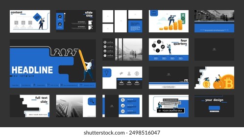 Set, powerpoint, business presentation, monetary and financial circulation, gold coins dollar and bitcoin. Infographic design, blue black elements. Team of people creates business. Vector illustration