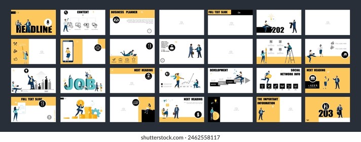 Set of powerpoint, business presentations, monetary financial circulation, buying gold coins. Infographic design template, yellow, black elements.Team people is creating a business.Vector illustration