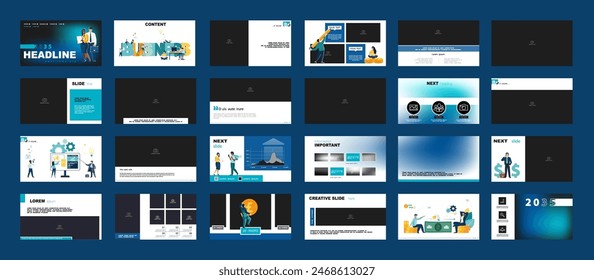 Set of powerpoint, business presentations, monetary financial circulation, buying gold coins. Infographic design template, blue, black elements. Team people is creating a business. Vector illustration