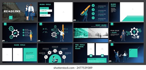 Set, powerpoint, business presentations, monetary financial circulation, buying gold coins. Infographic design template, green, black elements. Team people is creating a business. Vector illustration