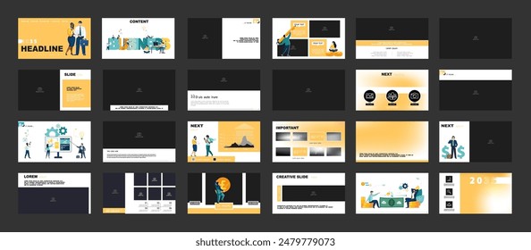 Set, powerpoint, business presentations, monetary financial circulation, buying gold coins. Infographic design template, yellow, black elements. Team people is creating a business. Vector illustration