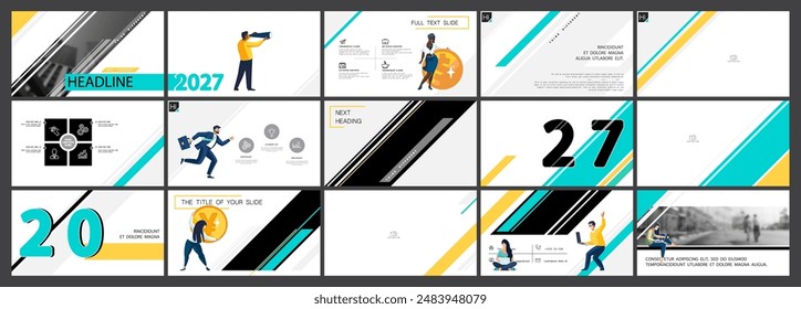 Set, powerpoint, business presentations, monetary financial circulation, buying gold coins. Infographic design template, green, black elements. Team people is creating a business. Vector illustration
