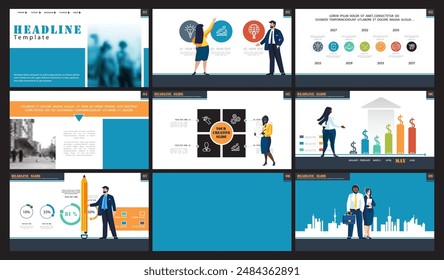 Set, powerpoint, business presentations, monetary financial circulation, buying gold coins. Infographic design template, blue, orange elements. Team people is creating a business. Vector illustration