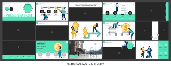 Set, powerpoint, presentaciones de negocios, circulación financiera monetaria, compra de monedas de oro. Plantilla de diseño infográfico, Elementos verdes, negros. Equipo people está creando un negocio. Ilustración vectorial