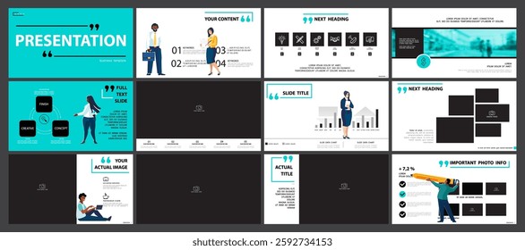 Set, powerpoint, business presentations, monetary financial circulation, buying gold coins. Infographic design template, green, black elements. Team people is creating a business. Vector illustration