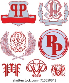 Set of PP monograms and decorative emblem templates with two letters. Vector collection