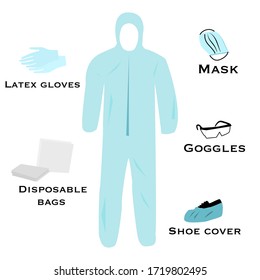 Set Of PPE Personal Protective Suit Clothing Isolated And Safety Equipment For Prevent Corona Virus, Doctor Wearing Personal Protective Equipment Mask, Goggles ,shoe Cover,gloves ,disposable Bags.