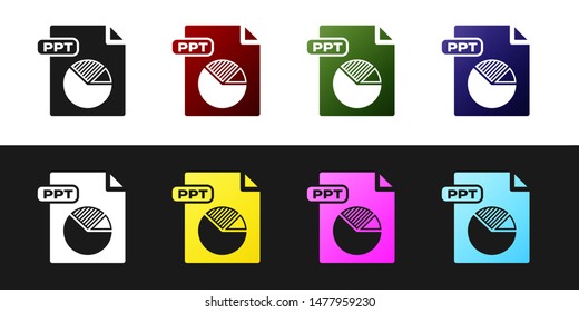 Set PPT file document. Download ppt button icon isolated on black and white background. PPT file presentation.  Vector Illustration