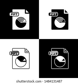 Set PPT file document. Download ppt button icon isolated on black and white background. PPT file presentation.  Vector Illustration