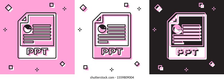 Set PPT file document. Download ppt button icon isolated on pink and white, black background. PPT file presentation.  Vector Illustration