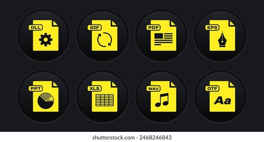 Set PPT file document, EPS, XLS, WAV, PDF, GIF, OTF and DLL icon. Vector