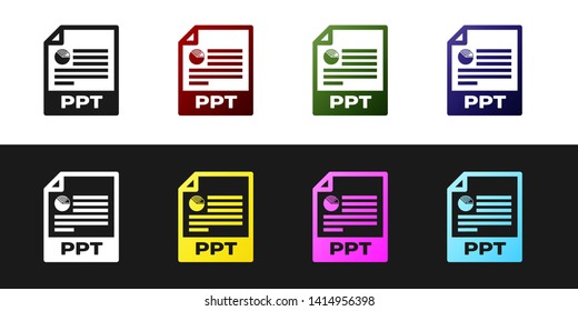 Set PPT file document icon. Download ppt button icon isolated on black and white background. PPT file presentation. Vector Illustration