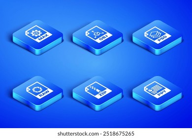 Set PPT file document, MAX, ZIP, RAW, OBJ and PSD icon. Vector