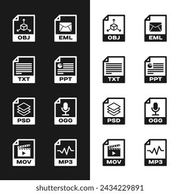 Set PPT file document, TXT, OBJ, EML, PSD and OGG icon. Vector