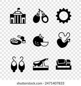 Set Prado museum, Castanets, Sun, Earrings, Spanish jamon, Stadium Mestalla, Churros and chocolate and Orange fruit icon. Vector