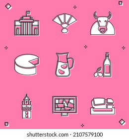 Set Prado museum, Fan flamenco, Bull, Cheese, Sangria, Bottle of olive oil, Giralda and Picture art icon. Vector