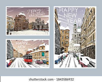 Set of Prague Merry Christmas and New Year greeting card design.Trendy cover template. Winter city. Hand drawn vector illustration