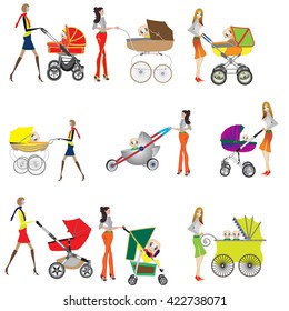 Set of prams with children and mothers. Vector illustration. Vector illustration.