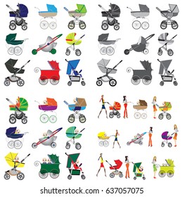 Set of prams with children and mothers. Vector illustration