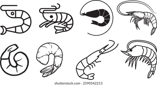 Set of prawn and shrimp outline silhouette vectors. Perfect for seafood designs, restaurant branding, marine themes, and culinary projects.