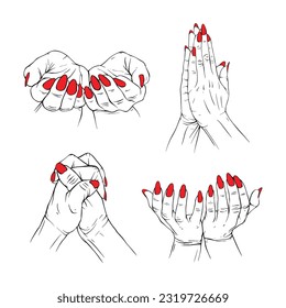 Set prayer red neils hand collection drawn gesture sketch vector illustration line art