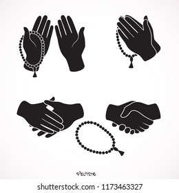 Set praying human hands holding Rosary (Tasbih), flat black style, icons isolated on white background, vector 