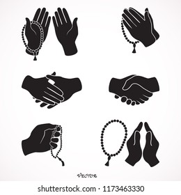 Set praying human hands holding Rosary (Tasbih), flat black style, icons isolated on white background, vector 