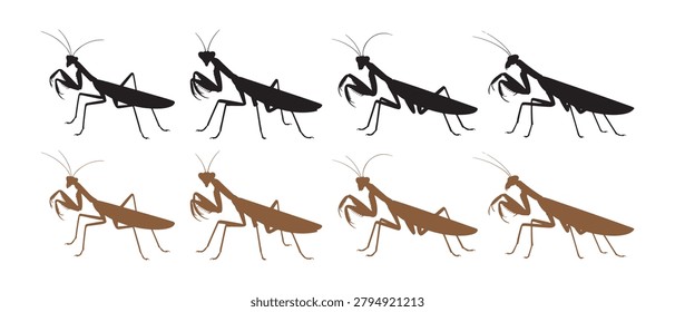Set of praying mantis insect silhouettes in black and brown colors.