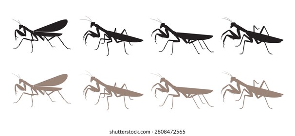Set of Praying Mantis Silhouettes Showing Different Poses in Minimalist Vector Illustration Style.