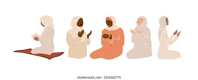 Set of praying muslim women in modern abstract style. Female beauty portraits in hijabs. Arab girls in traditional clothes pray. Ramadan mubarak. Flat vector illustration isolated on white background.