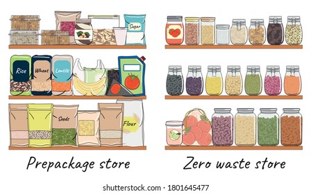 Set of pre packaging and zero waste container for nuts, seeds, beans on shelf. Change shopping to no plastic. Elements of kitchen storage. Hand drawn vector illustration.
