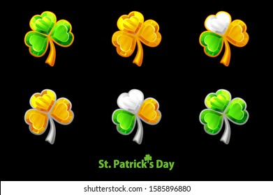 Set precious clover for St. Patrick's Day on a black background. Jewelry trefoil, shamrock symbols golden, green.