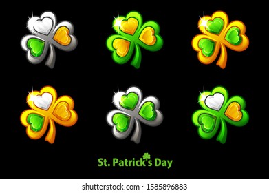 Set precious clover for St. Patrick's Day on a black background. Jewelry trefoil symbols golden and silver.