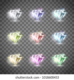 Set of precious multi-colored diamonds. Isolated on a transparent background. Stock vector illustration.