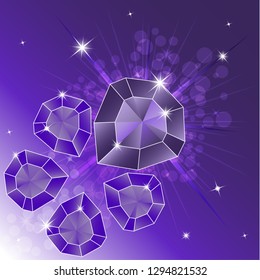 A set of precious stones, diamond. Magic crystals on a bright background. Five crystals are isolated, shiny, sparkling. Vector graphics