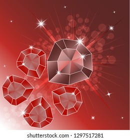 A set of precious stones, diamond. Magic crystals on a bright background. Five crystals are isolated, shiny, sparkling. Vector graphics