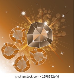 A set of precious stones, diamond. Magic crystals on a bright background. Five crystals are isolated, shiny, sparkling. Vector graphics