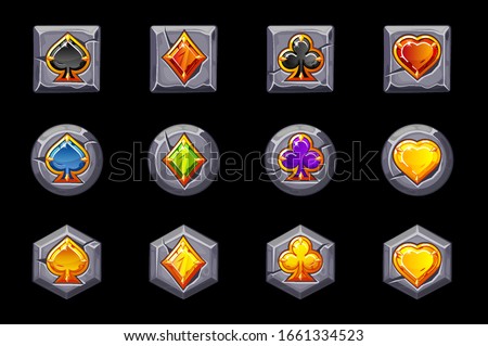 Set of precious symbols of playing cards on the stones. Stone icons of different shapes with signs.