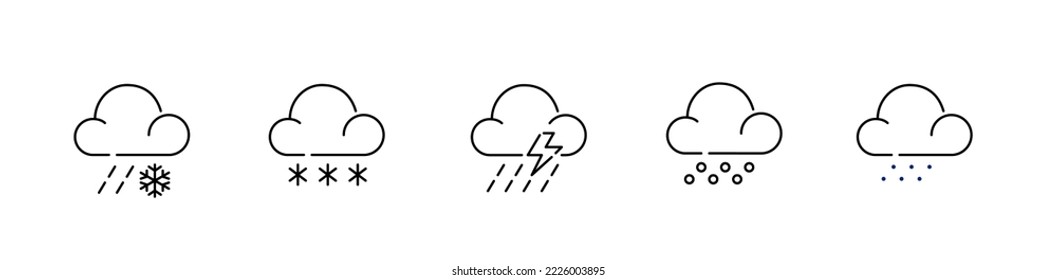 Set of precipitation icons. Snow, rain, shower, storm. Pixel perfect, editable stroke icons