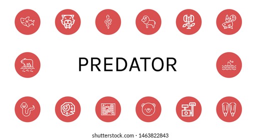 Set of predator icons such as Shark, Saber toothed tiger, Snake, Lion, Carnivorous plant, Fossil, Bear, Scratching post, Fins, Polar bear , predator