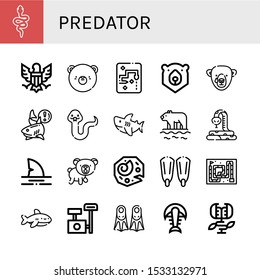 Set of predator icons. Such as Snake, Eagle, Bear, Shark, Polar bear, Fossil, Fins, Scratching post, Carnivorous plant , predator icons